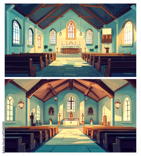 Church interiors. Christian religion room architecture, catholic cathedral building with gothic window and benches, churches inside set vector illustration