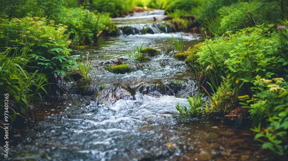 Fototapeta premium Small water stream with green plants landscape