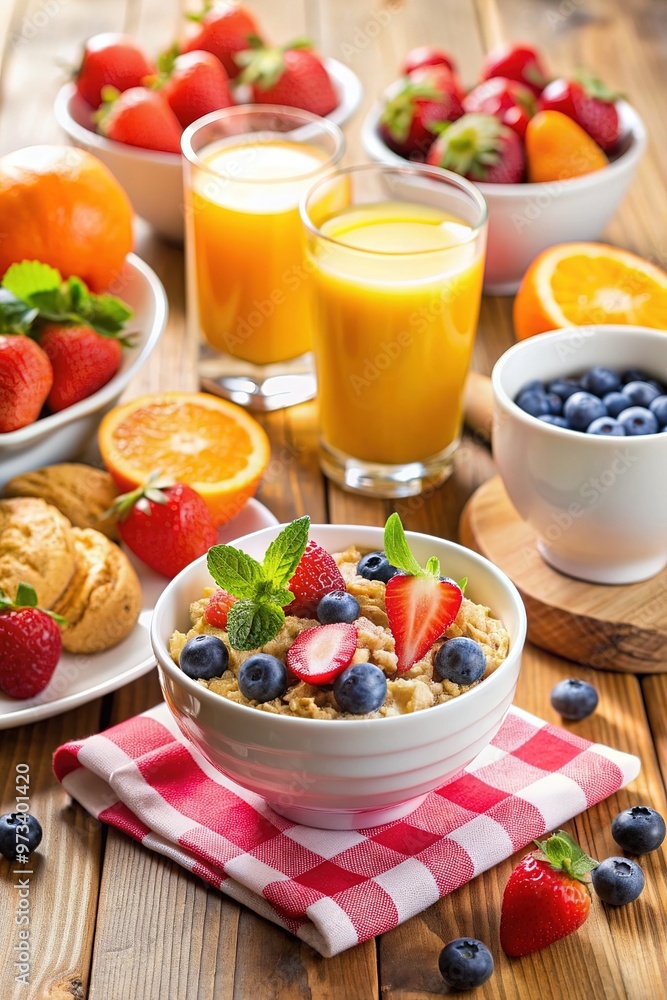 Huge healthy breakfast spread on a table with orange juice, fruit, muesli, smoked salmon, egg, croissants, meat and cheese Huge healthy breakfast spread on a table with orange juice, fruit, muesli, smoked salmon, egg, croissants, meat and cheese
