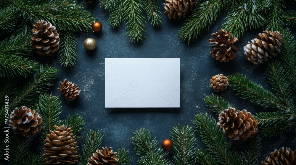 A Blank Gift Card Surrounded by Christmas Decorations and Pine Cones, Setting a Festive Tone A Blank Gift Card Surrounded by Christmas Decorations and Pine Cones, Setting a Festive Tone