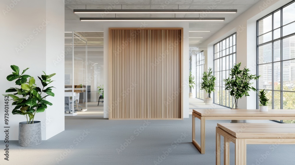 Fototapeta premium Modern Eco-Friendly Office Space with Bamboo Tables and Natural Decor, Promoting Sustainability and Wellness, Ultra HD with Copy Space