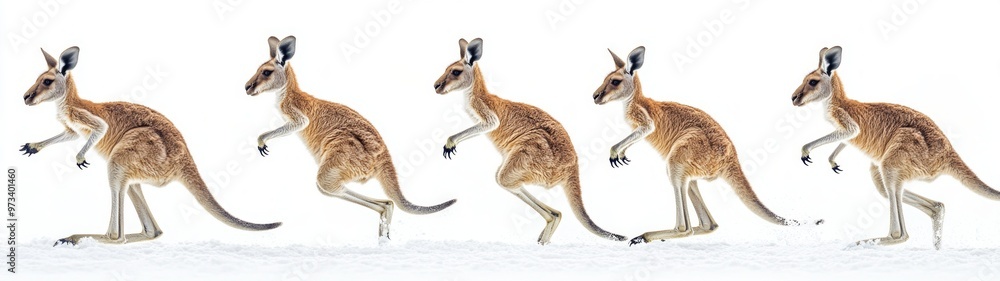 Kangaroos in Motion, dynamic portrayal of kangaroos leaping gracefully in a vibrant landscape, showcasing their agility and strength against a pristine white backdrop. Kangaroos in Motion, dynamic portrayal of kangaroos leaping gracefully in a vibrant landscape, showcasing their agility and strength against a pristine white backdrop.