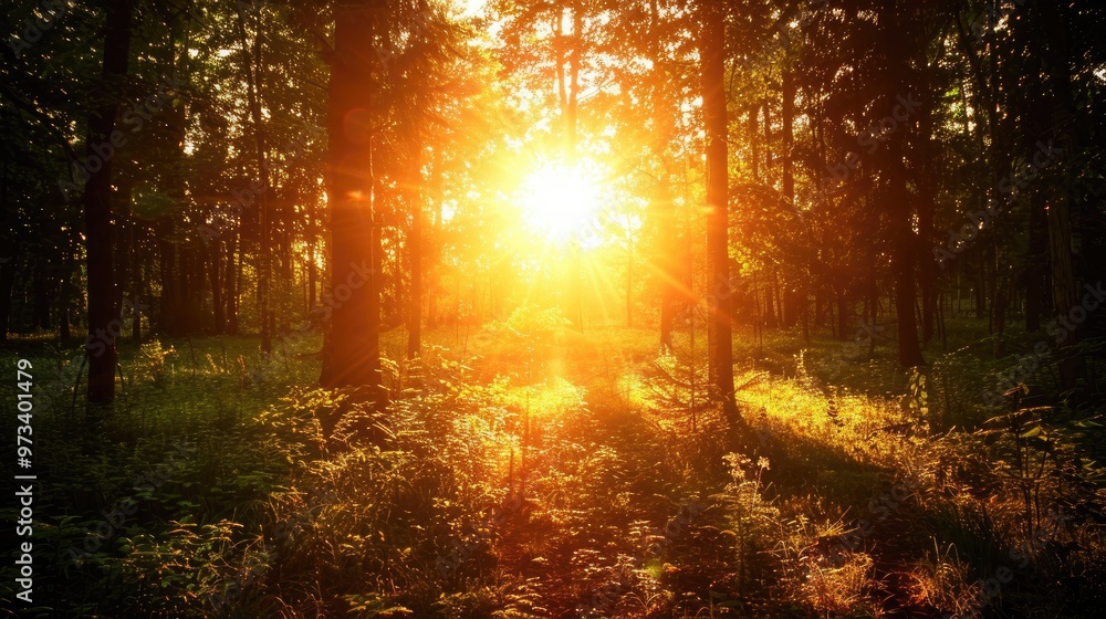 Obraz premium Sun emerges from trees at sunset