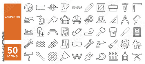 Set of 50 line icons related to carpentry, wood, saw, sawmill, timber, lumber, trees, spanner, forestry, tools, helmet, wrench, scale, drill, hammer, Editable stroke. Vector illustration