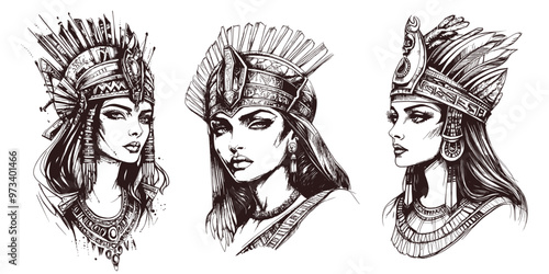 Cleopatra sketch portrait. Egyptian queen or nefertiti goddess tattoo sketches egypt princess face lady head vintage drawing female history person ink portraits vector illustration