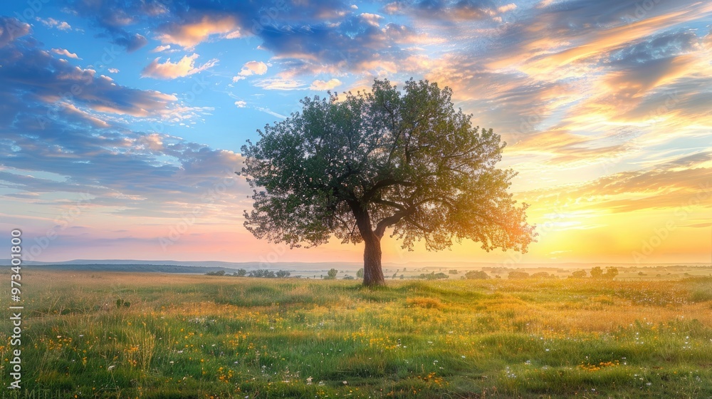 Solitary tree in the meadow during sundown Solitary tree in the meadow during sundown