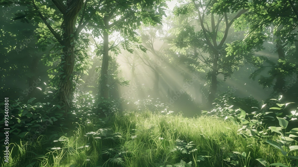 Fototapeta premium Sunlight filtering through lush green woodland