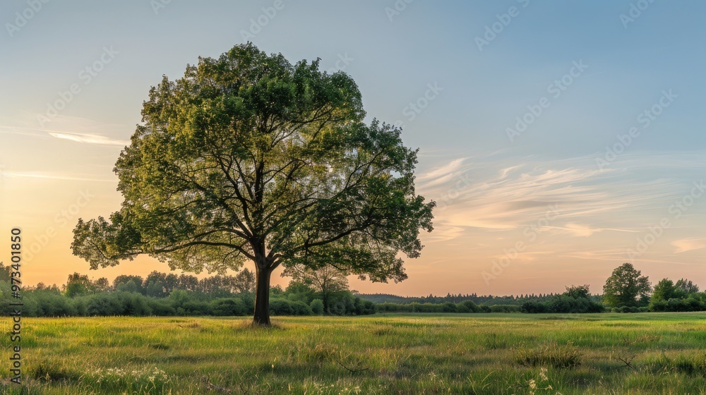 Solitary tree in the meadow during sundown Solitary tree in the meadow during sundown