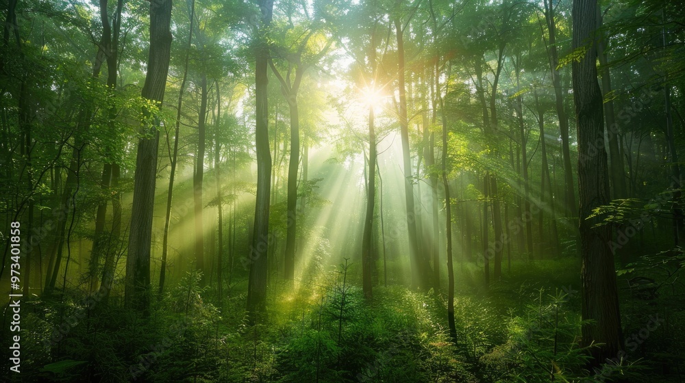 Fototapeta premium Sunlight filtering through lush green woodland