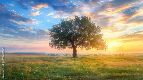 Solitary tree in the meadow during sundown