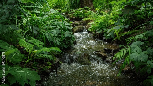 Small stream enclosed in dense greenery