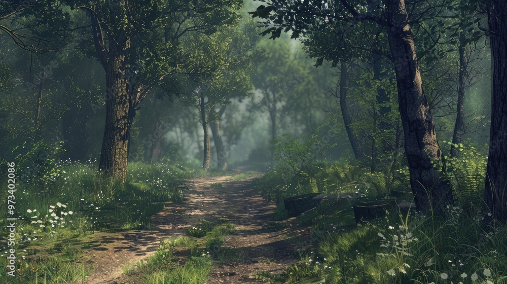 Fototapeta premium Sparse path through vast forest with panoramic tree filled scenery