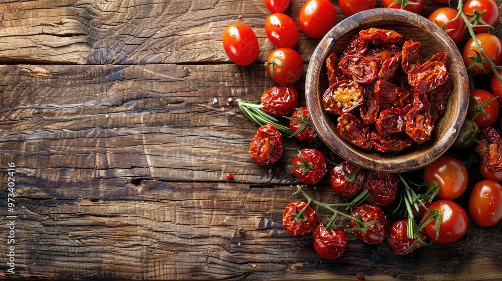 Sun dried tomatoes on rustic table with copy space healthy vegetable snack