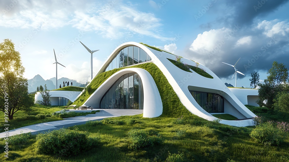 Modern Sustainable Eco Friendly House with Green Roof, Wind Turbines and Solar Panels Modern Sustainable Eco Friendly House with Green Roof, Wind Turbines and Solar Panels