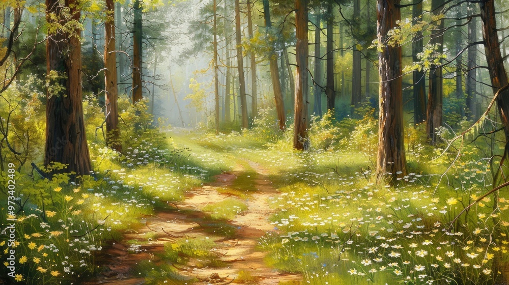 Fototapeta premium Sunny forest path in spring