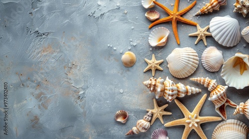 Fototapeta Naklejka Na Ścianę i Meble -  Summer theme with assorted seashells on a gray backdrop Oceanic decorations Text space
