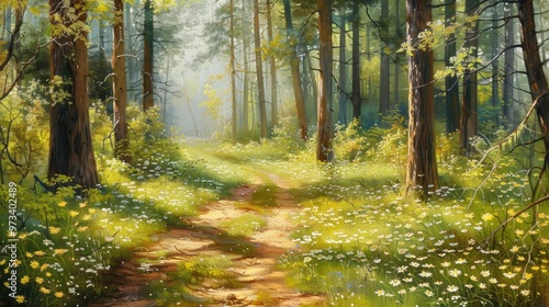 Sunny forest path in spring