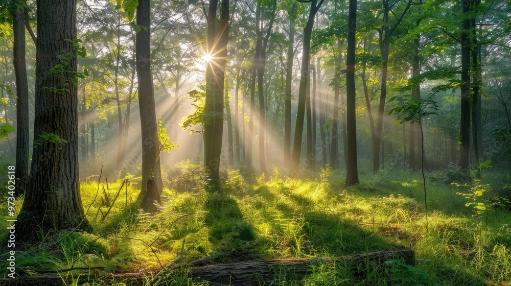 Fototapeta premium Sunlight filtering through trees in a forest with terrestrial plants trunks and grass