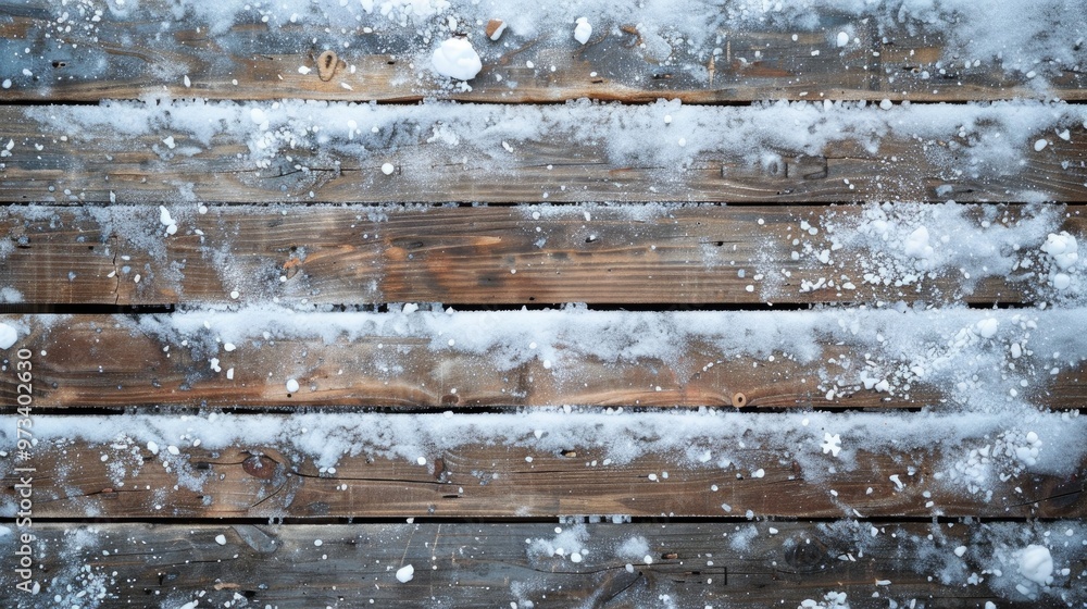Snowy background with aged wooden planks Space for text Snowy background with aged wooden planks Space for text