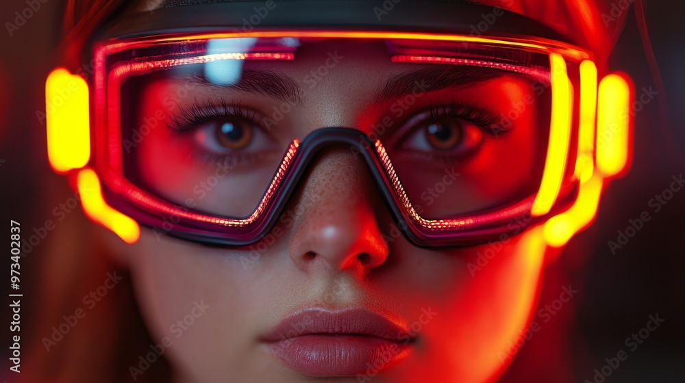 A Stunning and Futuristic Portrait Featuring Neon Glasses and an Intense, Captivating Gaze A Stunning and Futuristic Portrait Featuring Neon Glasses and an Intense, Captivating Gaze