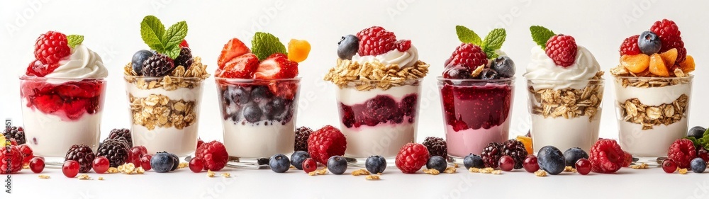 Layered Parfaits Delight, A vibrant arrangement of yogurt and mixed berries in elegant layers, set against a pristine white backdrop, showcasing freshness and simplicity. Layered Parfaits Delight, A vibrant arrangement of yogurt and mixed berries in elegant layers, set against a pristine white backdrop, showcasing freshness and simplicity.
