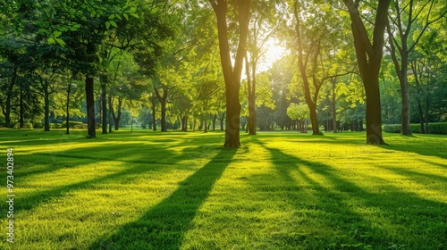 Sunny park morning with vibrant green colors