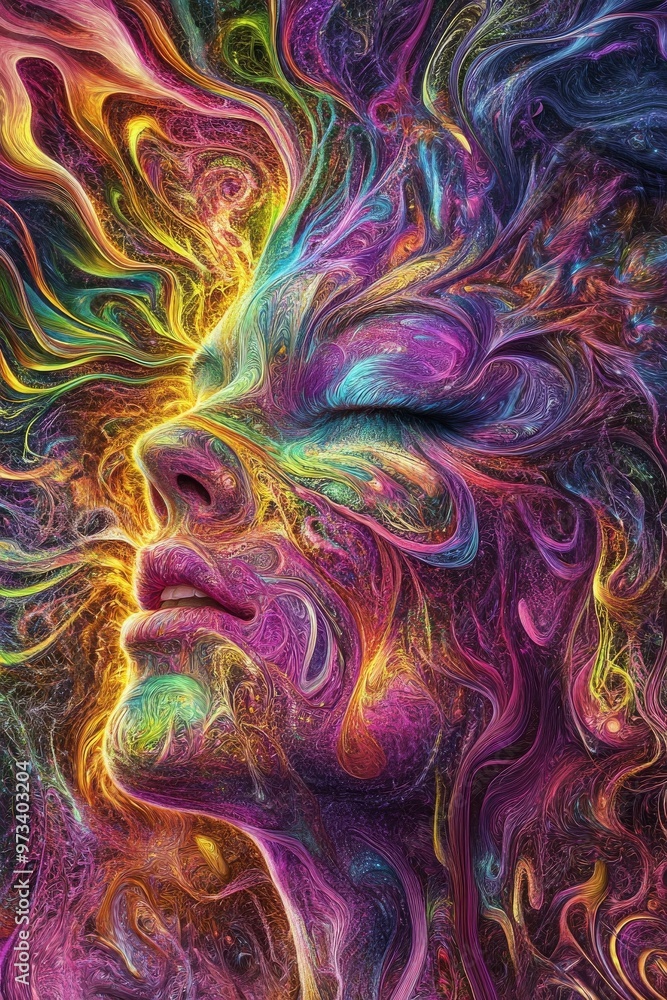 Obraz premium An Enthralling and Vibrant Abstract Portrait of a Woman Depicted in Cosmic Colors and Hues