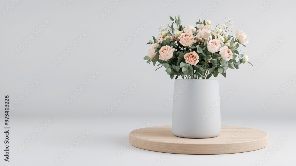 Fototapeta premium A stunning floral bouquet filled with roses and peach blossoms sits elegantly in a vase against a marble and wood background, showcasing hyper-realistic details and pastel colors