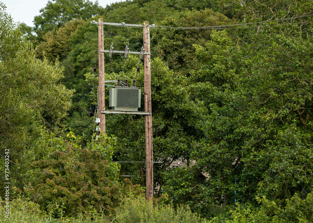 Electricity power transformer and two timber poles, transmission lines and insulators Electricity power transformer and two timber poles, transmission lines and insulators