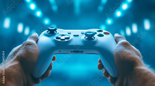 Hands holding a white game controller in a dimly lit arcade