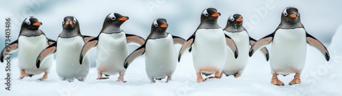 Vibrant Penguins on Ice, a lively scene featuring playful penguins waddling on a pristine icy landscape against a clean white backdrop, capturing their animated movements and charm.