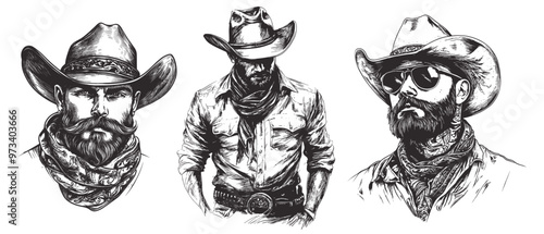 Cowboy sketches. Cowboys tattoo vintage drawing, western brutal man in hat portrait wild west texas rider american ranch retro ink drawn vector illustration