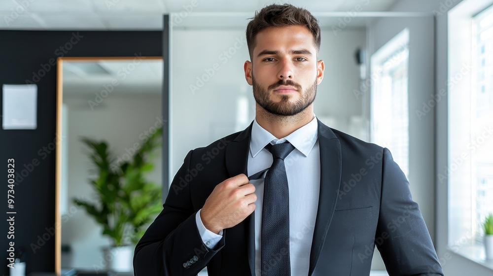 Confident Businessman Adjusting Tie in Minimalist Office with Sunlight, Copy Space for Text Confident Businessman Adjusting Tie in Minimalist Office with Sunlight, Copy Space for Text