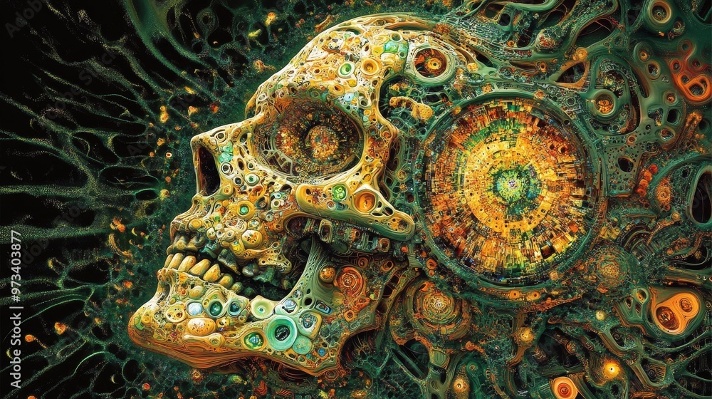 custom made wallpaper toronto digitalA Surreal Skull Decorated with Vibrant Psychedelic Elements and Intricate, Unique Patterns