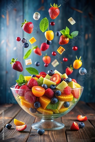 Salad bowl with fresh mixed fruits. Fresh mixed fruits pieces falling in bowl of fruit salad isolated. Strawberry, kiwi, lemon, blueberry, apple, mint. Healthy and beneficial food