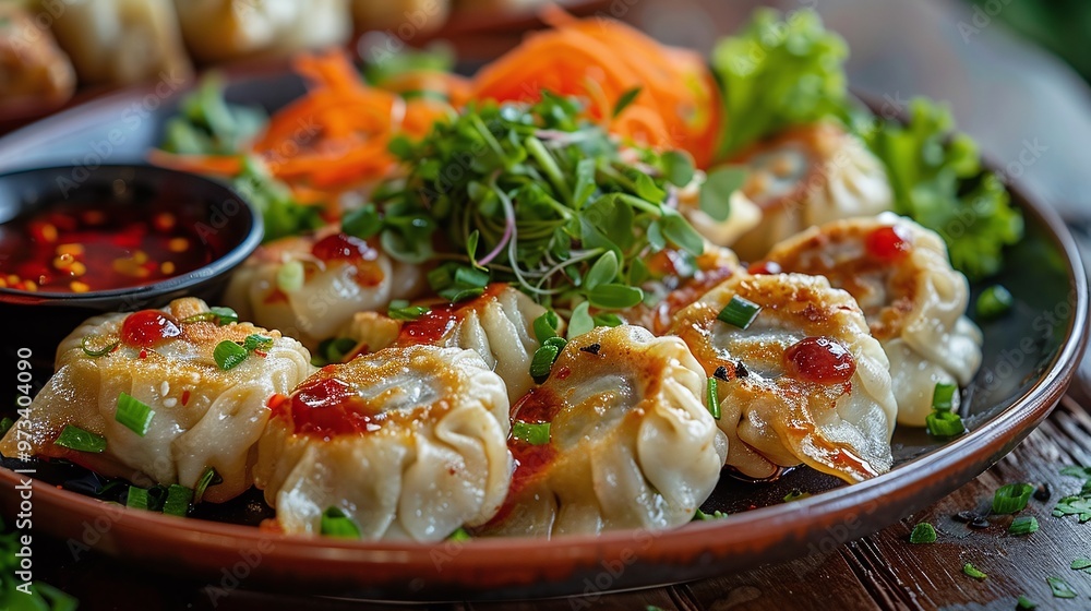 Steamed dumplings with spicy dipping sauce, carrot salad, and microgreens on a plate. Asian cuisine concept. Flat lay food composition with copy space for culinary advertising, recipe design, and food Steamed dumplings with spicy dipping sauce, carrot salad, and microgreens on a plate. Asian cuisine concept. Flat lay food composition with copy space for culinary advertising, recipe design, and food