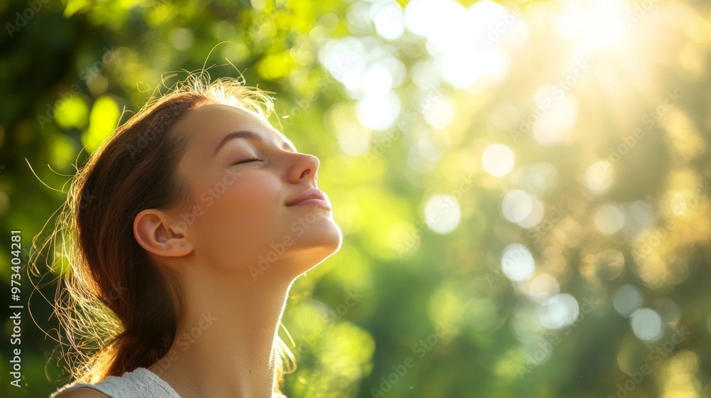 Woman breathing fresh air and enjoying the natural beauty of the forest Woman breathing fresh air and enjoying the natural beauty of the forest