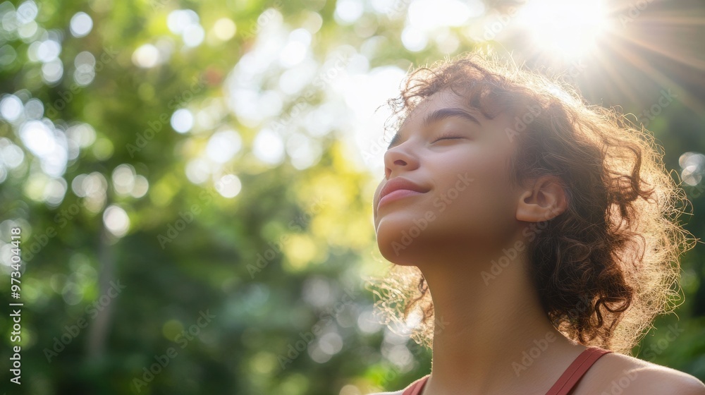 Woman Breathing Fresh Air in Forest Enjoying Nature s Tranquility Woman Breathing Fresh Air in Forest Enjoying Nature s Tranquility