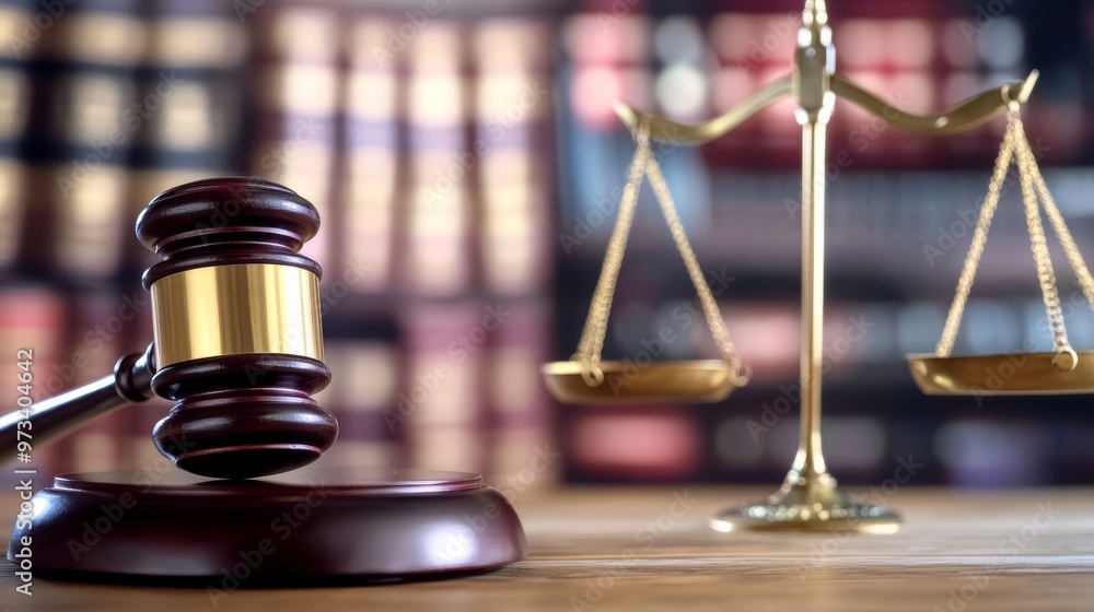 Wooden Gavel and Scales of Justice on the Table in Courtroom Signifying Legal Proceedings and Fair Adjudication Wooden Gavel and Scales of Justice on the Table in Courtroom Signifying Legal Proceedings and Fair Adjudication