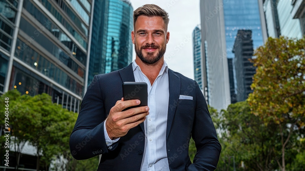 Corporate Lifestyle and Daily Routine work. Modern businessman checking emails on smartphone in urban city setting with skyscrapers, copy space for text. Corporate Lifestyle and Daily Routine work. Modern businessman checking emails on smartphone in urban city setting with skyscrapers, copy space for text.