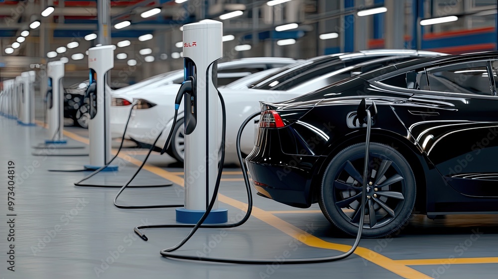 Several black and white electric vehicles are charging at dedicated stations in a contemporary car factory, enhanced by bright indoor lighting Several black and white electric vehicles are charging at dedicated stations in a contemporary car factory, enhanced by bright indoor lighting