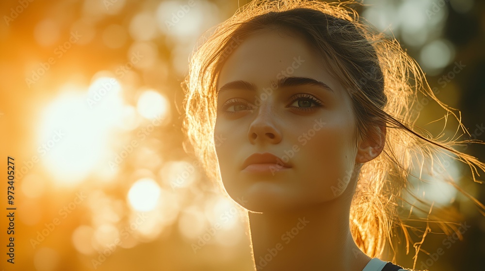 a woman with a ponytail and a sun flare behind her a woman with a ponytail and a sun flare behind her