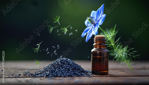 Close up of Nigella sativa seed and flower on wooden table