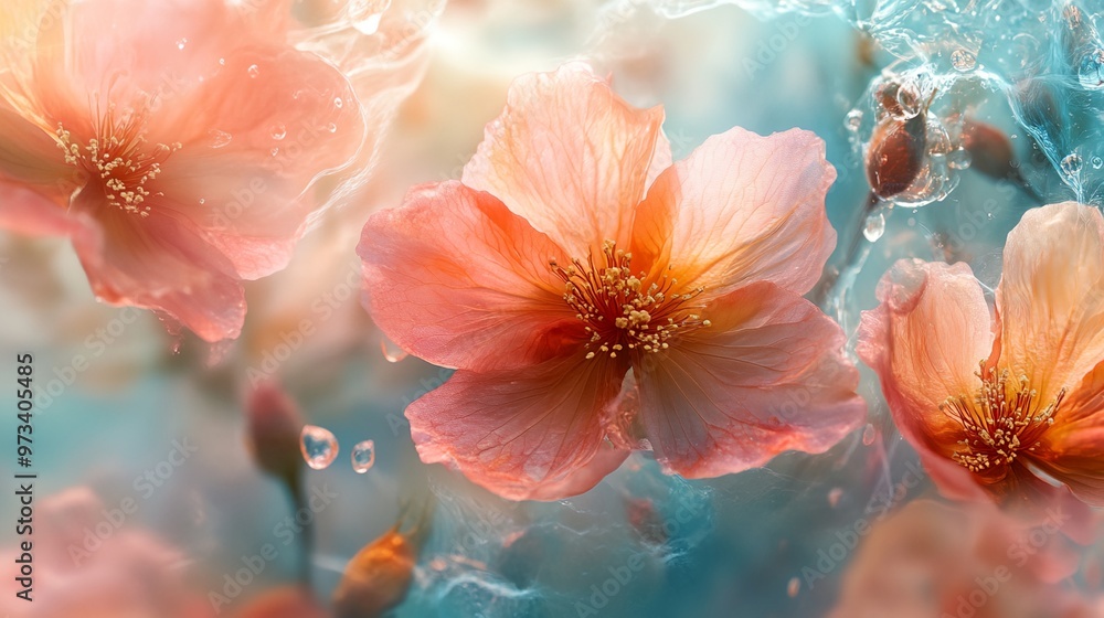 a close up of three flowers with water droplets on them and a blue background a close up of three flowers with water droplets on them and a blue background