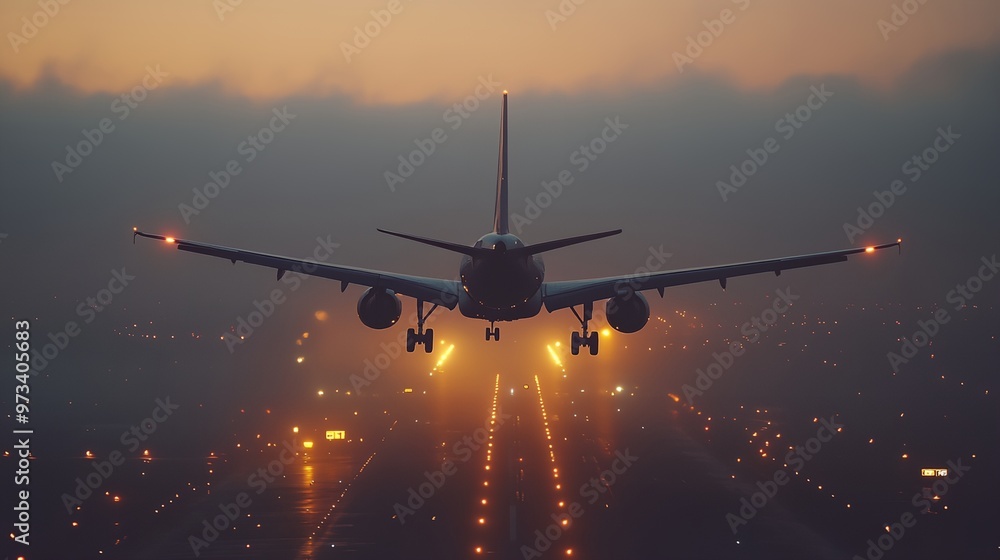 a large jetliner flying through a foggy sky over a city at night a large jetliner flying through a foggy sky over a city at night
