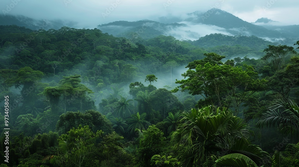Obraz premium A Lush Costa Rican Rainforest: Morning Mists Above the Canopy