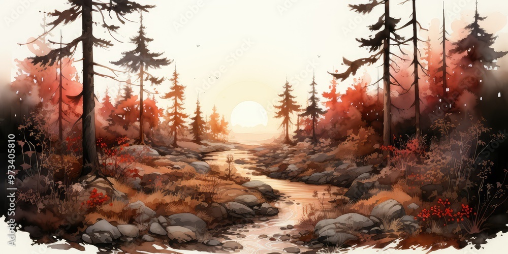 Naklejka premium Peaceful river scene in forest