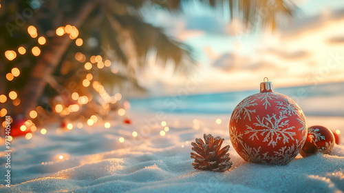 Tropic Christmas ornaments on magic exotic sandy beach against ocean background at golden hour. Happy holidays and festive celebration concept. Creative Christmas and new year banner with copy space