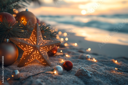 Fototapeta Naklejka Na Ścianę i Meble -  Tropic Christmas ornaments on magic exotic sandy beach against ocean background at golden hour. Happy holidays and festive celebration concept. Creative Christmas and new year banner with copy space