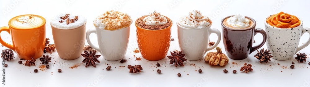 Festive Pumpkin Spice Lattes in Cheerful Mugs, vibrant seasonal drinks displayed in charming mugs, surrounded by a clean, white backdrop, evoking autumn warmth and coziness Festive Pumpkin Spice Lattes in Cheerful Mugs, vibrant seasonal drinks displayed in charming mugs, surrounded by a clean, white backdrop, evoking autumn warmth and coziness